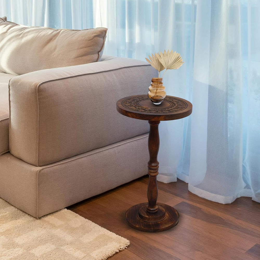 Rustic Wooden End Table 12x22 - Handcrafted Carved Side Table, Burnt Finish B...