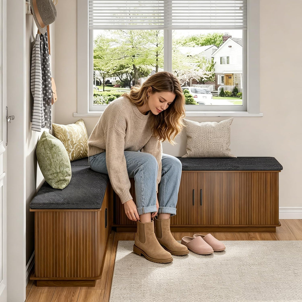 Corner Storage Bench with Hidden Storage, L-Shaped Shoe Bench with Cushion, S...