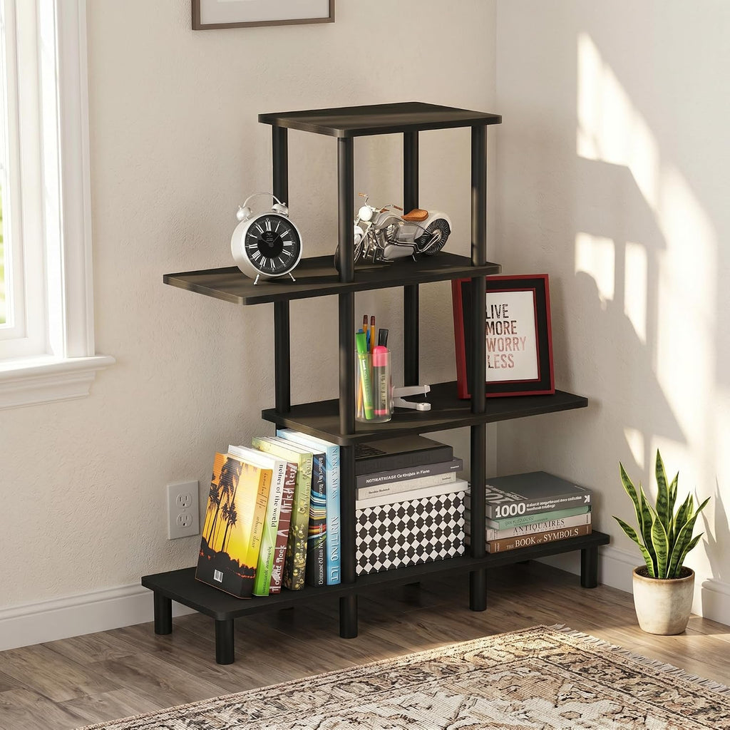 4-Tier Ladder Accent Display Shelf, Toolless Open Shelves Book Shelf, Round Tubes Storage Shelves, for Organization and Storage, Garage, Home Office, Living Room, Espresso