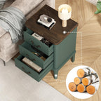 Wnutrees Farmhouse Nightstand with 3 Drawers, Modern Bedside Table, Green | Wood End Side Unit with Round Curved Corner and Metal Handles, Set of 2 Nightstands for Living Room, Hallway