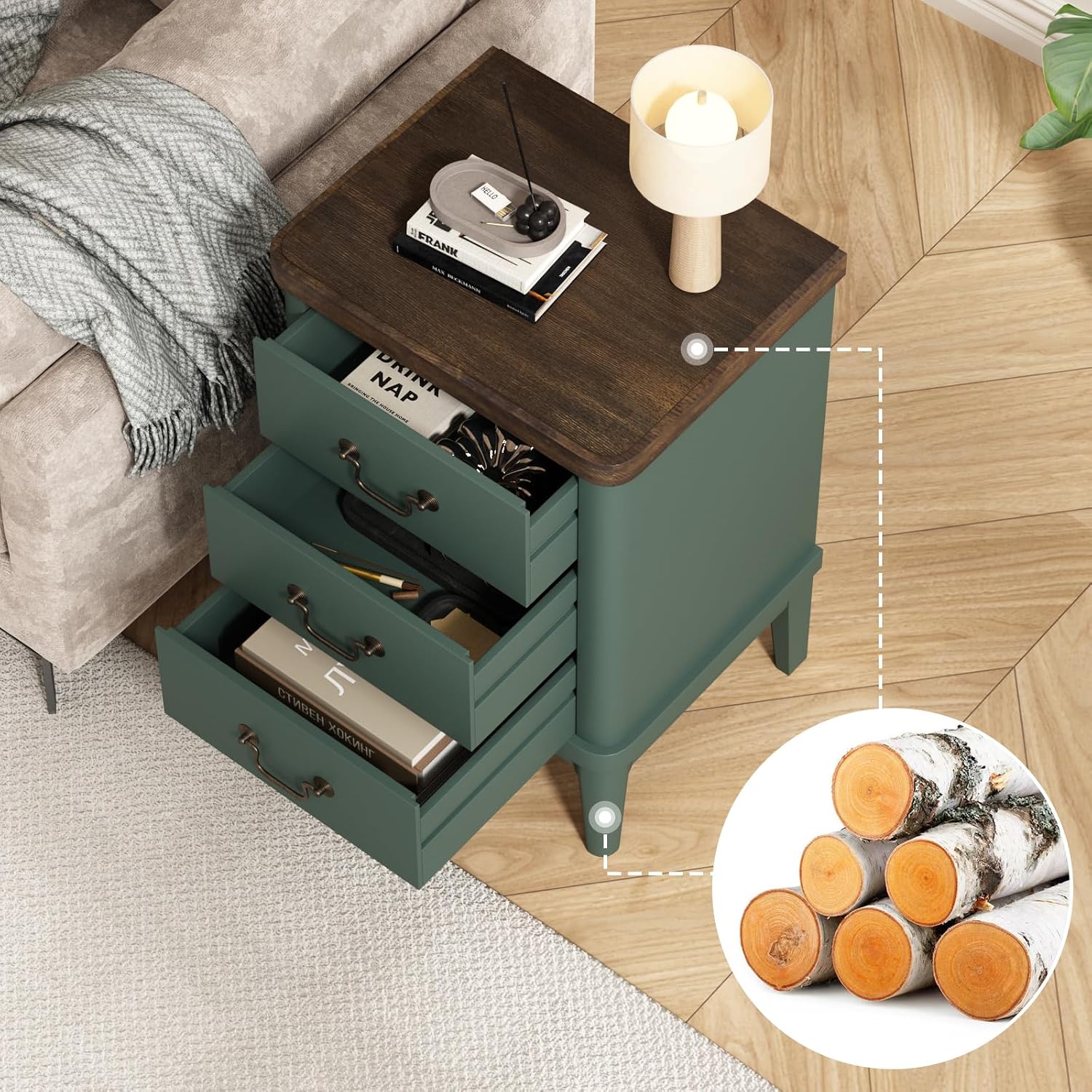 Wnutrees Farmhouse Nightstand with 3 Drawers, Modern Bedside Table, Green | Wood End Side Unit with Round Curved Corner and Metal Handles, Set of 2 Nightstands for Living Room, Hallway