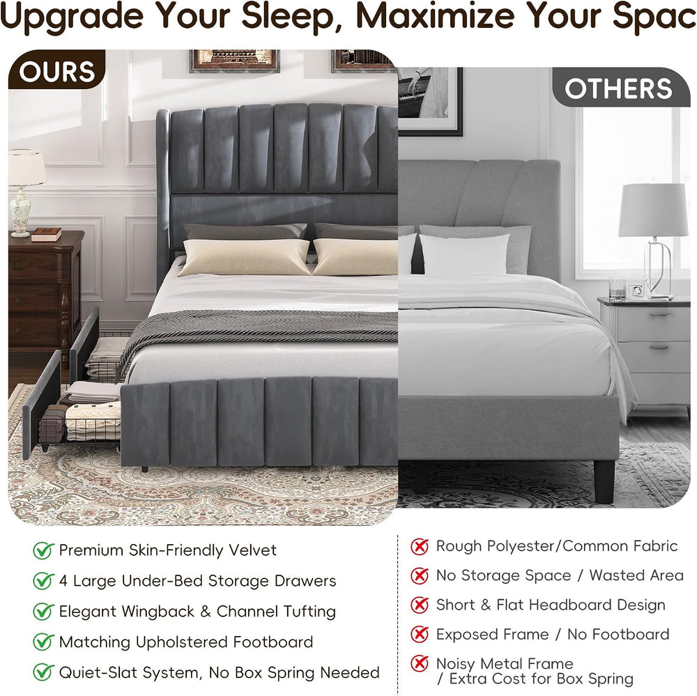 54" Tall Headboard Queen Bed Frame with 4 Drawers, Storage Platform
