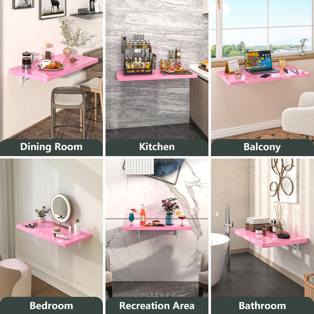 Clikuutory Wall Mounted High Gloss Folding Table, Wall Desk Fold Down for Small Spaces, Folding Workbench for Laundry Room, Home Office, Kitchen, Bedroom, Home Bar, Pink (31.5"×15.7")