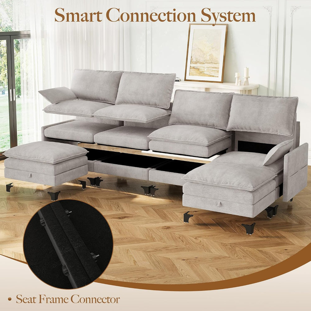 140" U-Shaped Modern Modular Sectional Couch, Chenille Cloud Couches wit...
