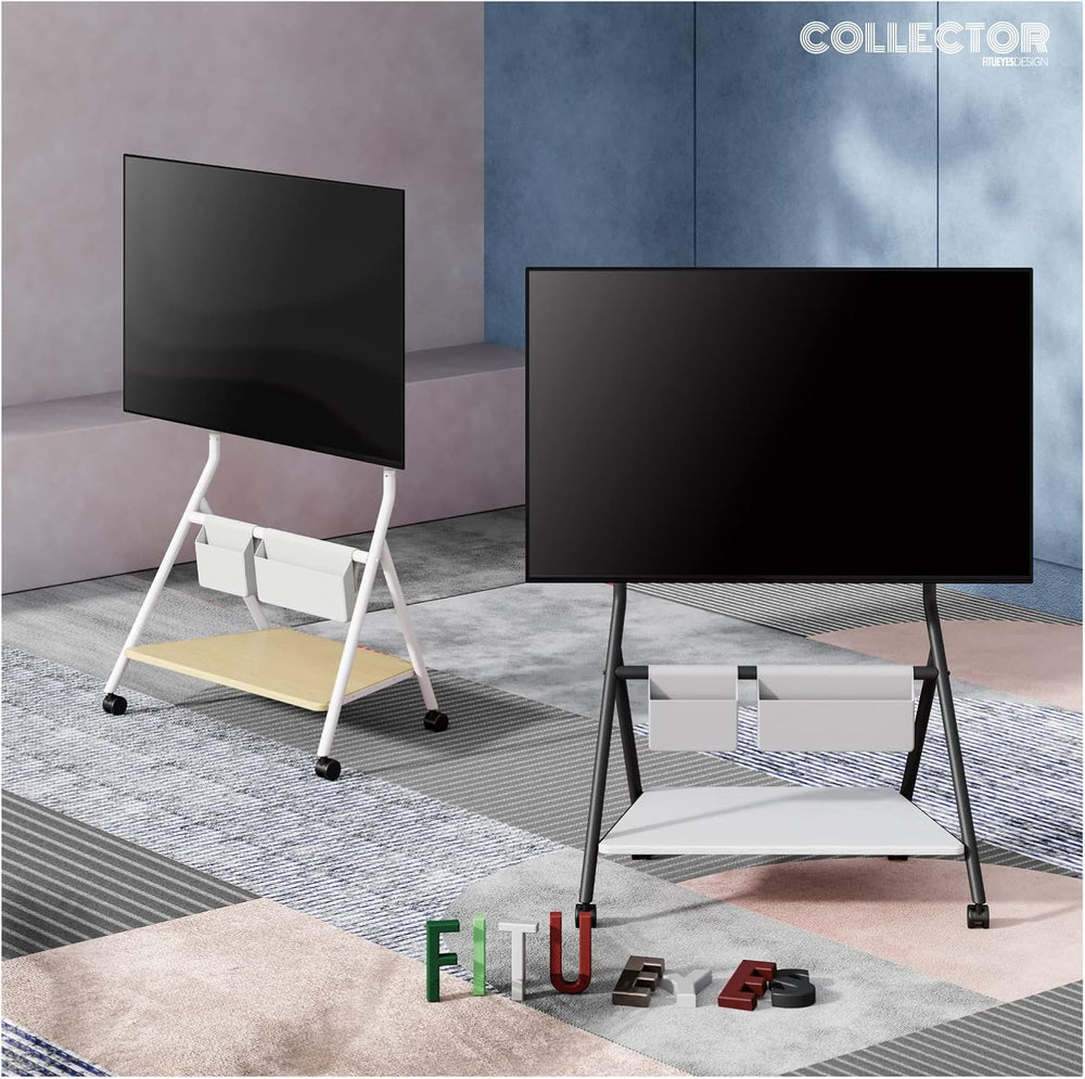 FITUEYES Mobile TV Stand for 55-78 Inch TVs with Wooden Storage Shelf, White