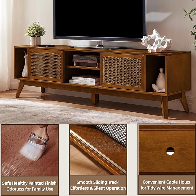 LKTART 68 Inch Mid Century Modern TV Stand with Rattan Doors,MCM Entertainment Center Media Console for 60/65/70/75 inch TVs,Long Boho Television Stand for Living Room,Light Walnut