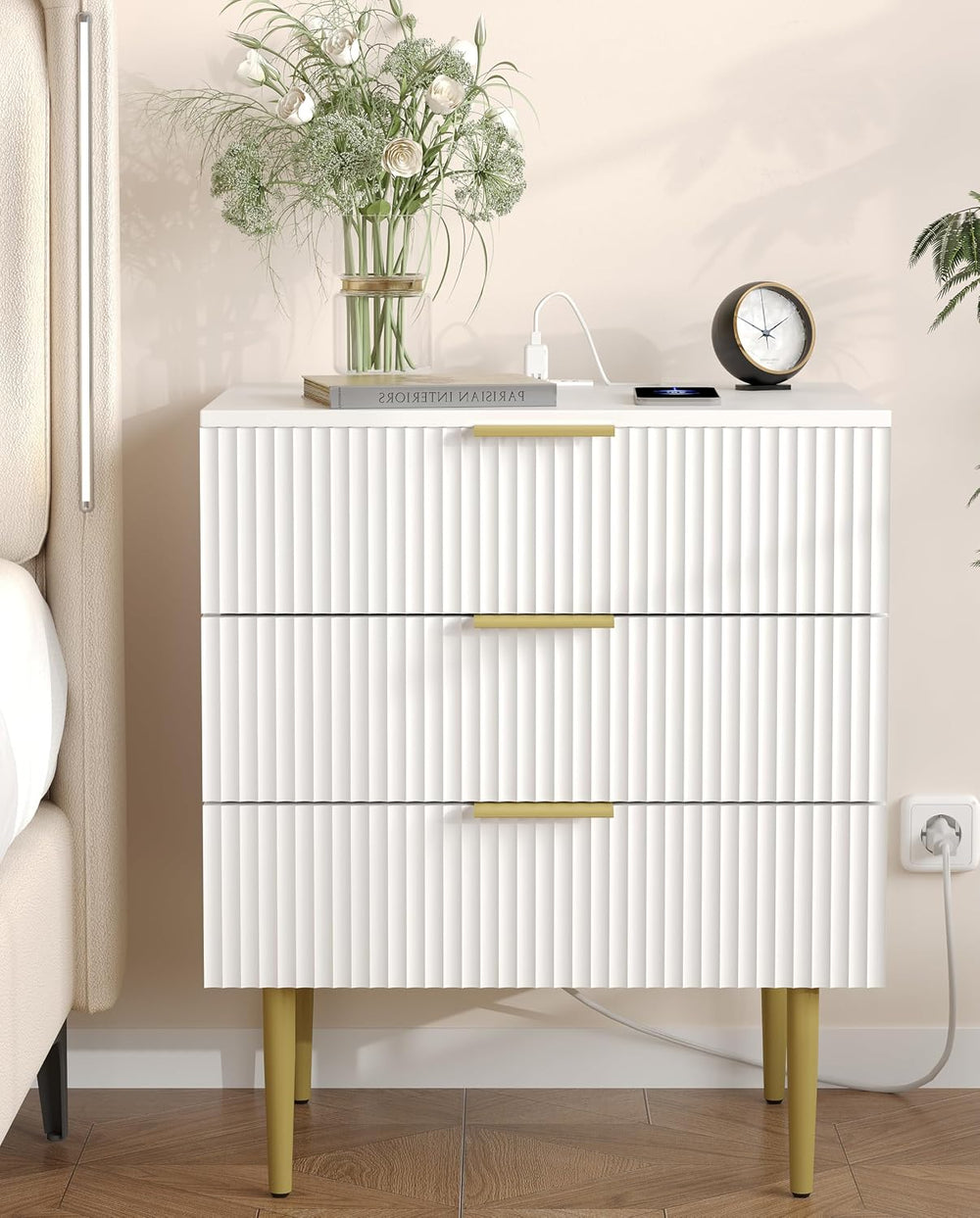 Akxomel Fluted Nightstand Side Table with Charging Station White Bedroom | 3 ...