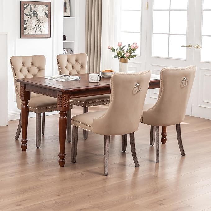 Mid Century Modern Dining Chair Set of 4 Velvet Upholstered Dining Accent Chair Farmhouse Dining Chairs with High Back and Nailhead Trim for Kitchen, Living Room, Bedroom (Khaki)