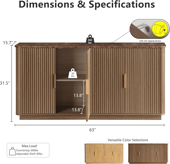WIN2WIN 63" Fluted Sideboard Buffet Cabinet with Storage, Mid Century Modern Credenza with Faux Marble Top, Curved Corners, Wood Media TV Console Accent Cabinet for Living Room Kitchen Hallway, Walnut