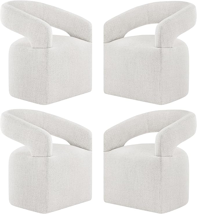 Upholstered Dining Chairs with Casters, Modern Barrel Side Armchair with Rollers for Dining Room, Bedroom, Kitchen, Reading Room, Beige, Set of 4