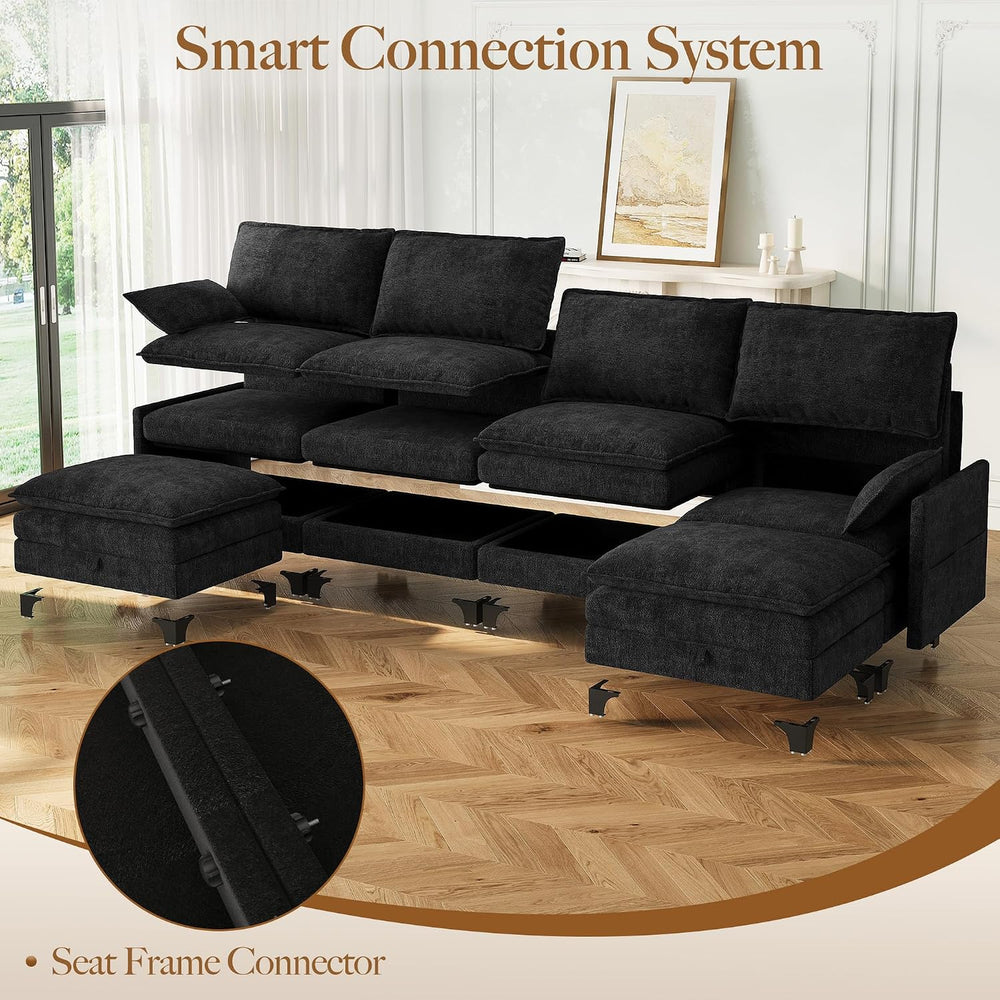 140" U-Shaped Modern Modular Sectional Sofa, Chenille Cloud Couch with S...