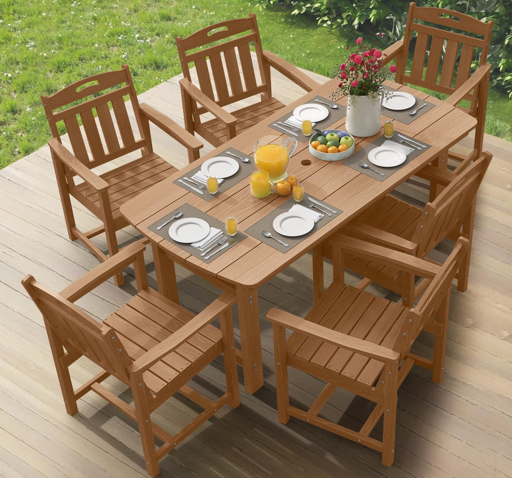 Ciokea HDPE Outdoor Dining Set of 6, Patio Table and Chairs Sets, Teak