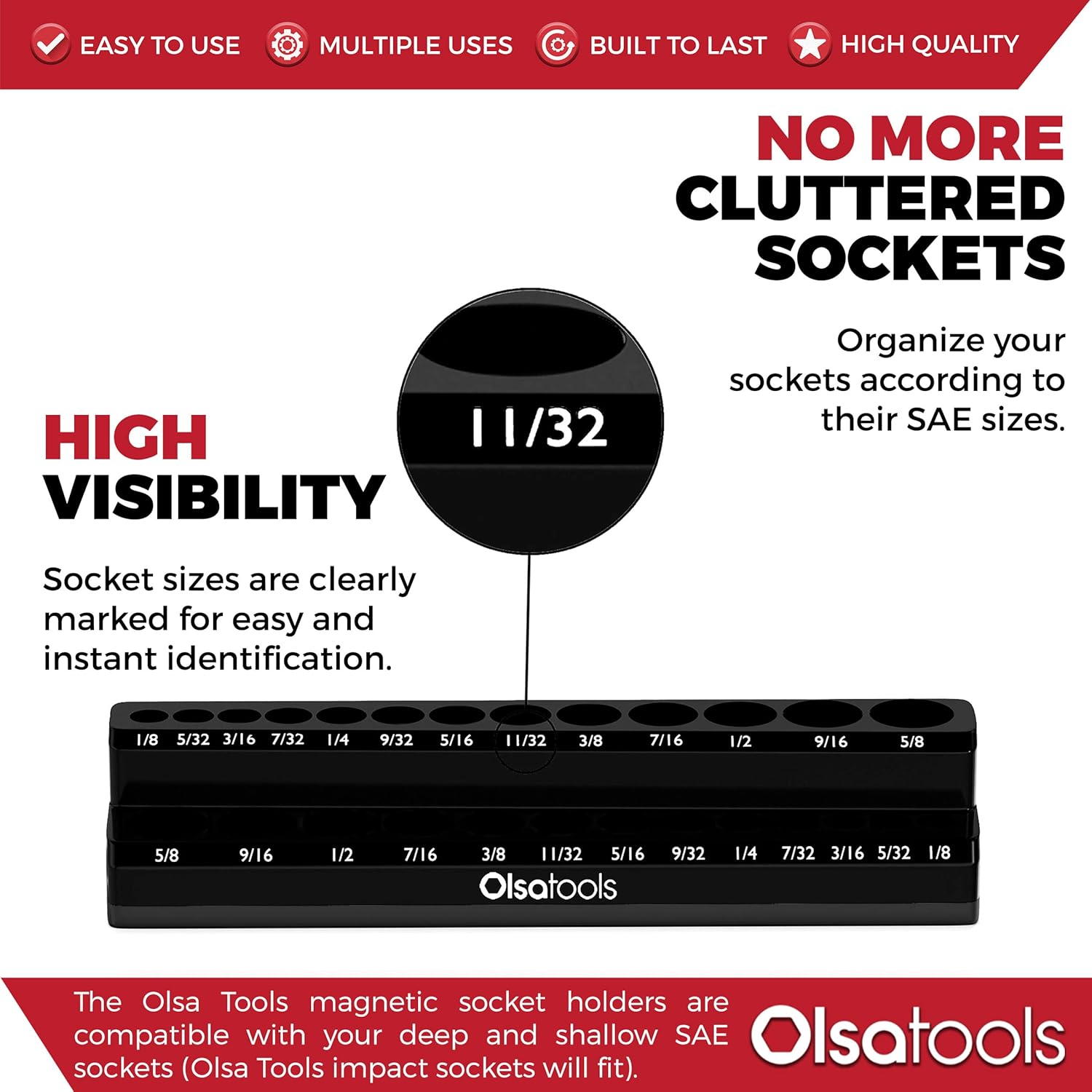Olsa Tools Magnetic Socket Organizer | 1/4-Inch Drive | SAE | Black | Holds 26 Sockets | Professional Quality Tools Organizer