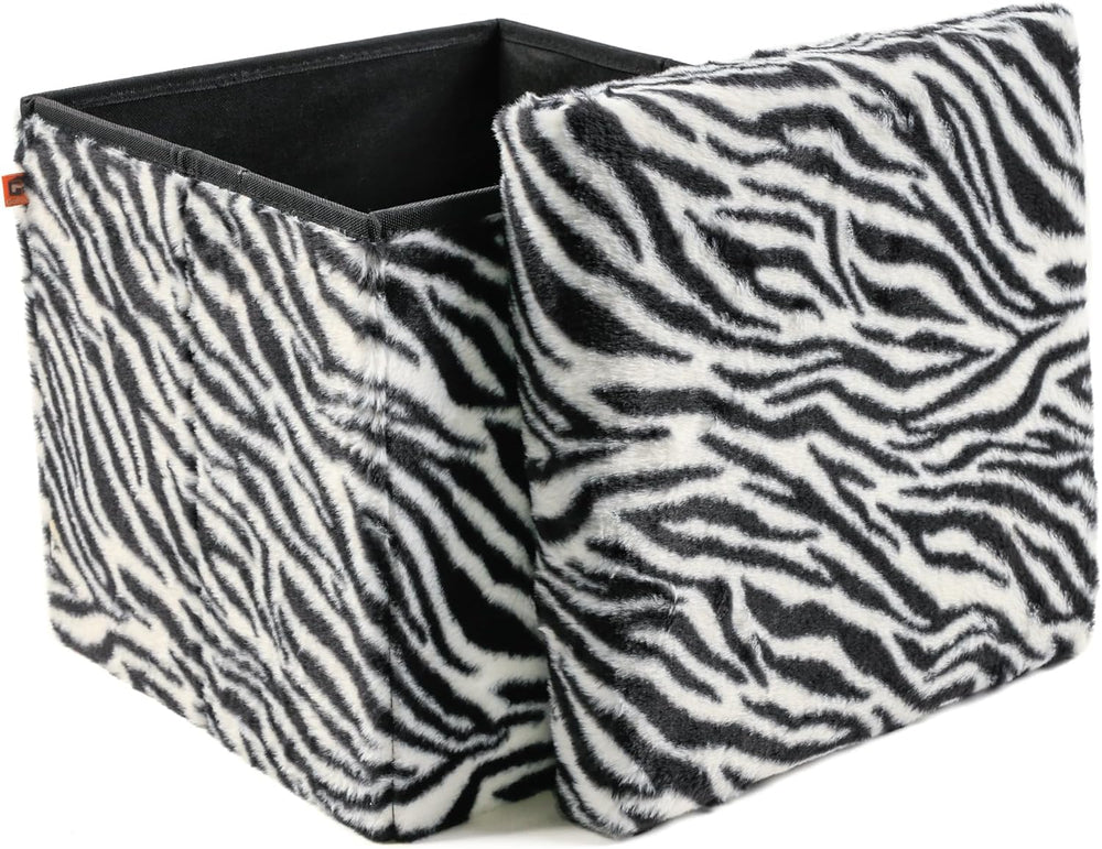 Luxe Faux Fur Storage Ottoman, Zebra Black/White, 15 x 15 x 15 in | Engineere...