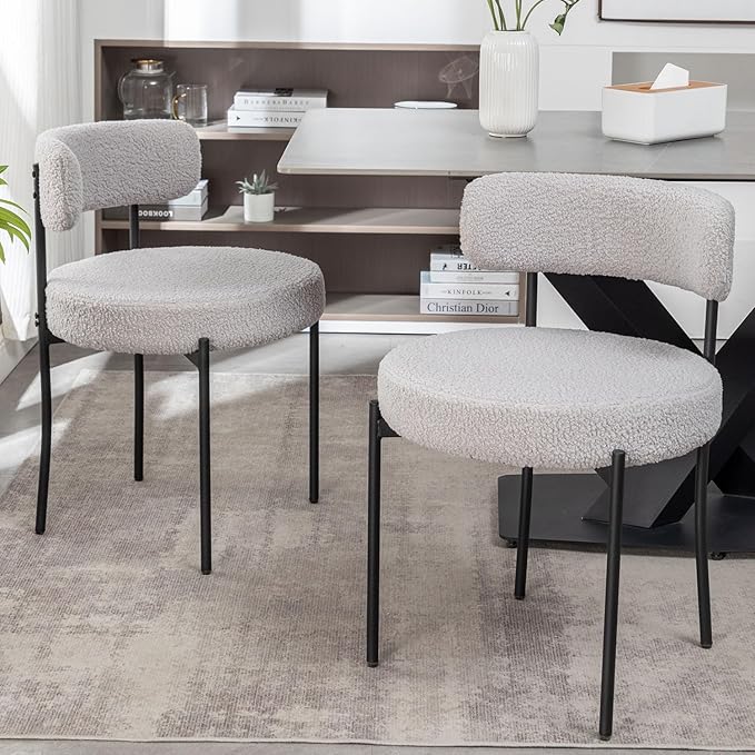 Boucle Dining Chairs Set of 2, Upholstered Dining Room Chairs with Black Meta...
