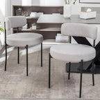 Boucle Dining Chairs Set of 2, Upholstered Dining Room Chairs with Black Metal Legs, Round Modern Dining Chair for Dining Room, Kitchen (Light Grey)