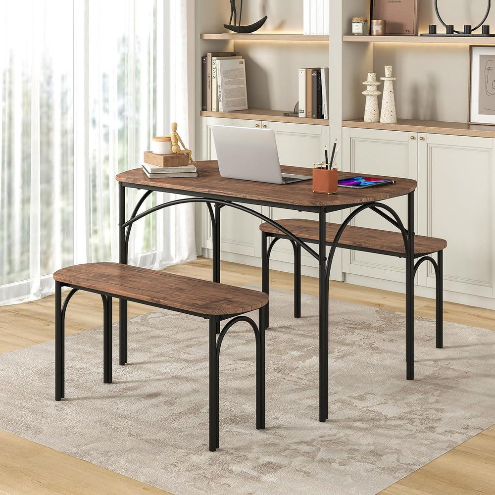 GOFLAME 3-Piece Dining Table Set for 4, Wooden Kitchen Table and 2 Benches Se...
