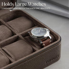 TAWBURY Watch Case - 6 Slot Genuine Top-Grain Leather Watch Box for Men & Women with Extra Wide Pillows for Large Watches - Portable Wristwatch Storage for Home & Travel (Brown)