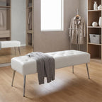 DUHOME Button-Tufted Ottoman Bench, Upholstered Footrest Stool Rectangular Dining Bench Leather Accent Bench for Entryway Dining Room Living Room Bedroom, White
