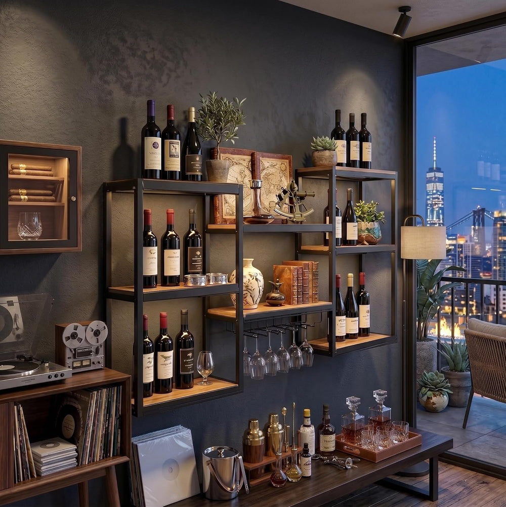 Wall Wine Rack with LED Lights, 3-Tier Modular Home Bar Shelves, Heavy Duty M...