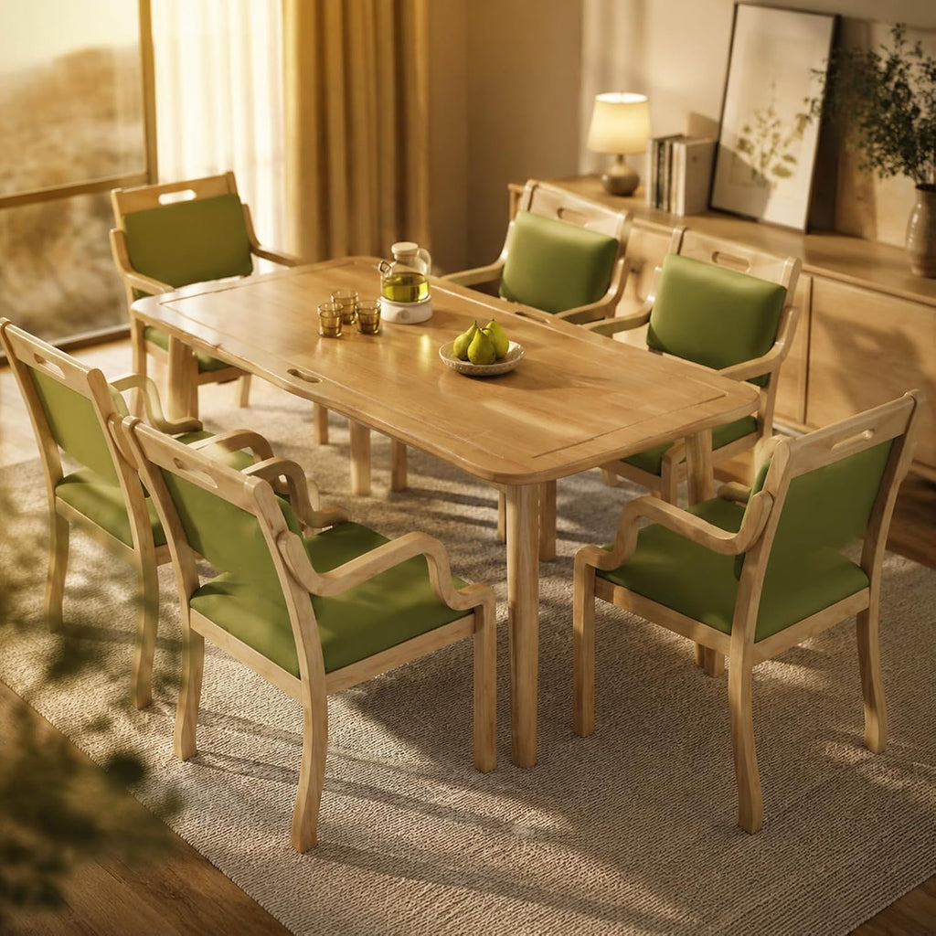 Wood Dining Table Set for 4, Rectangular Kitchen Dinner Table with Drain Groove Armrest,Ergonomic Upholstered Dining Chairs, Seniors Wooden Dining Room Furniture(1 Table + 6 Chairs, Walnut)