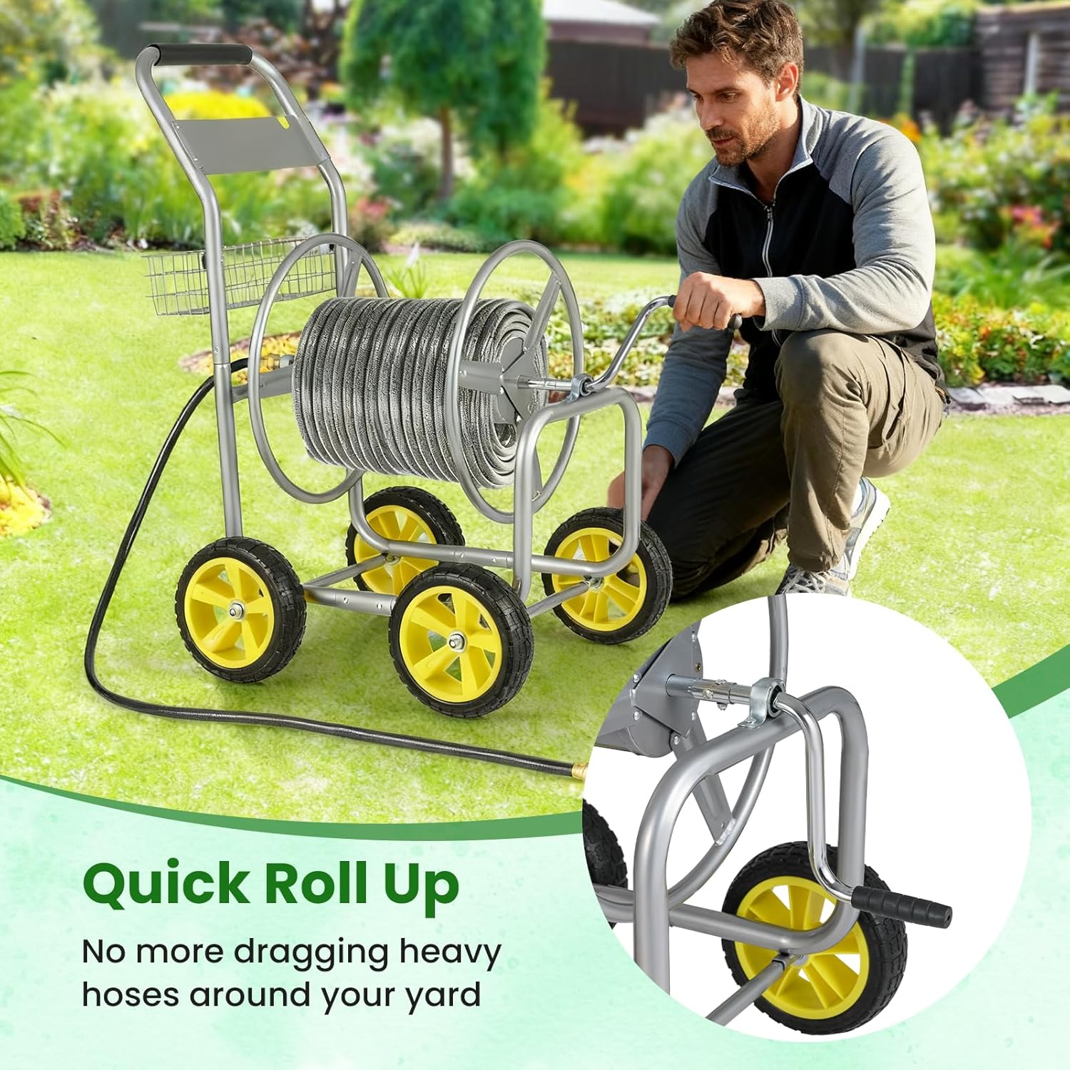 Goplus Garden Hose Reel Cart, 300 FT of 5/8" Large Capacity, Heavy-Duty Metal Hose Cart w/ 4 Wheels, Storage Basket, Portable Water Hose Organizer for Outside Yard, Outdoor Planting Tool (Silver)