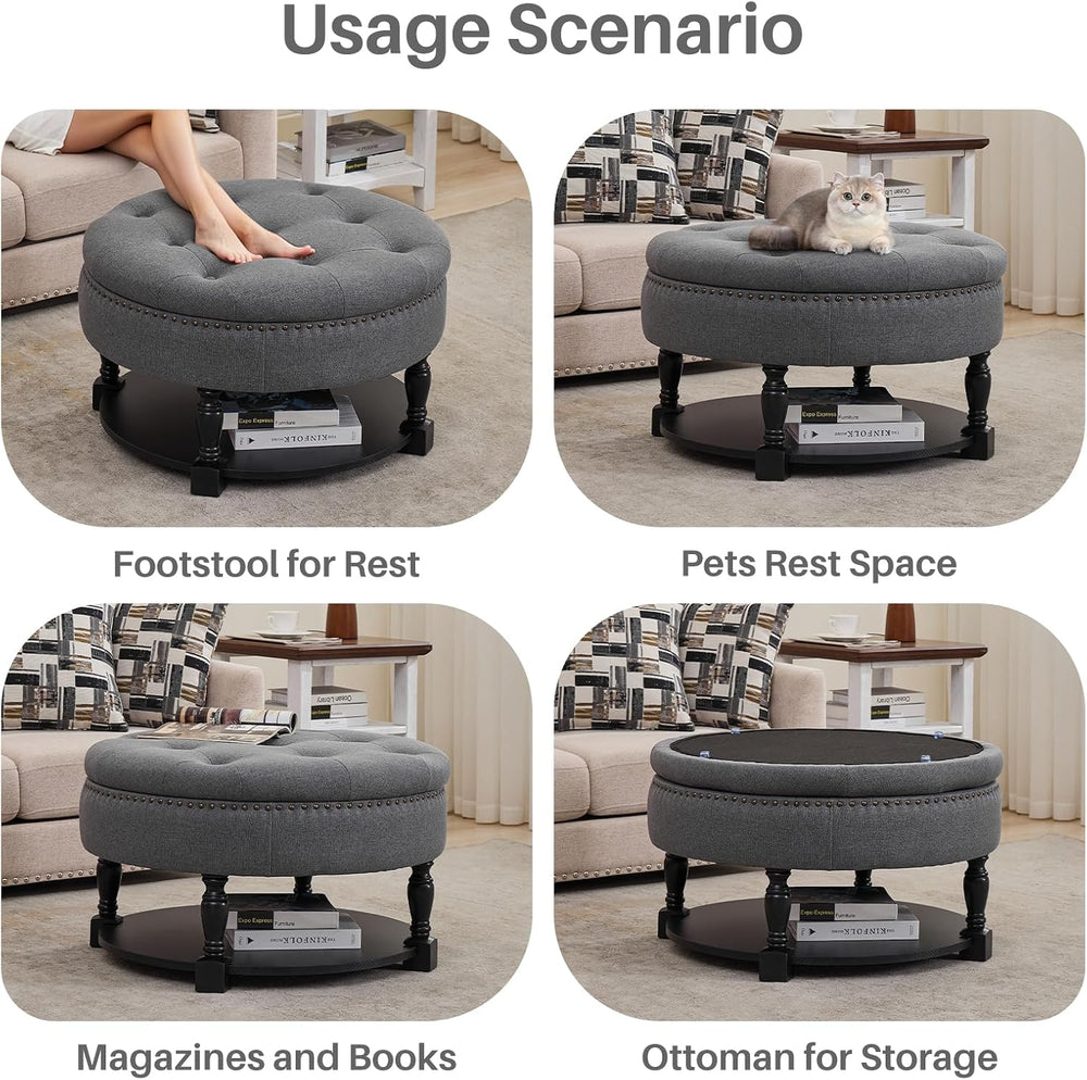 Round Storage Ottoman Coffee Table with Shelf, Fabric Dark Gray | Multi-funct...