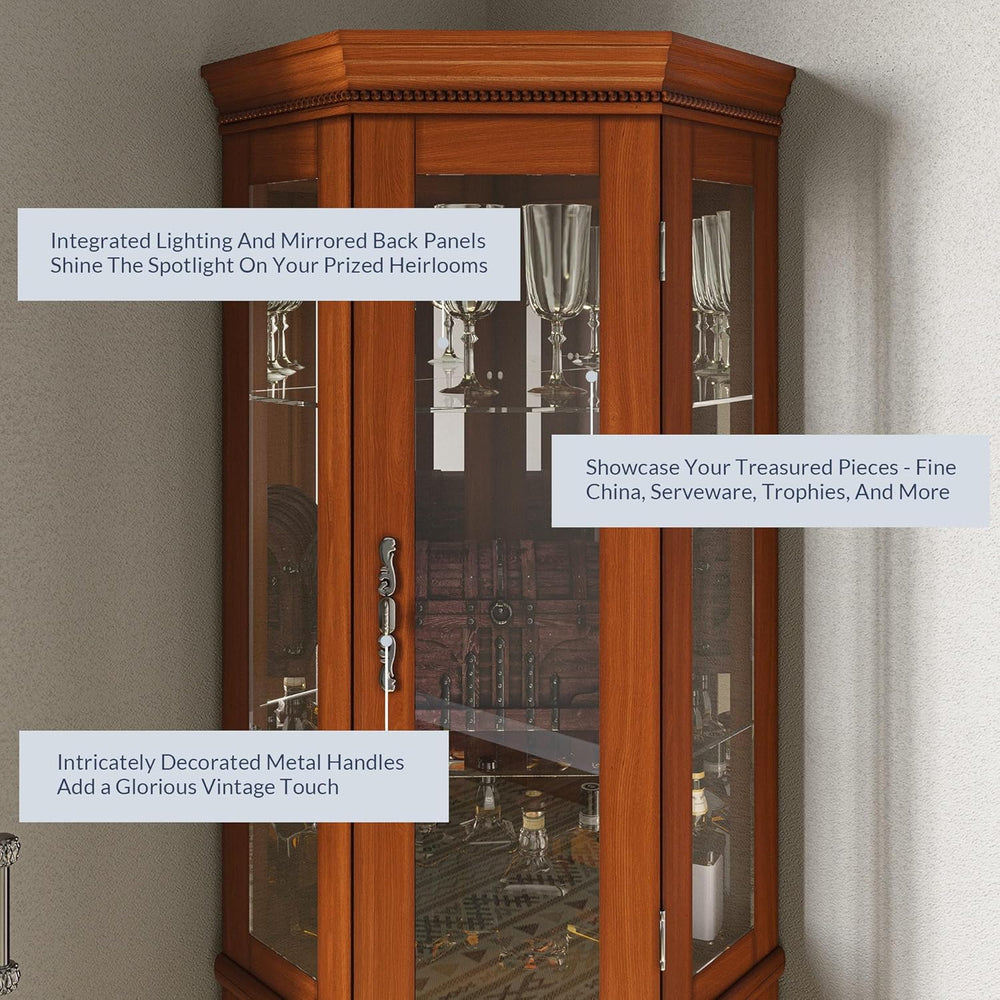 BELLEZE Lighted 3-Side Glass Display Curio Cabinet w/Tempered Glass Doors and...