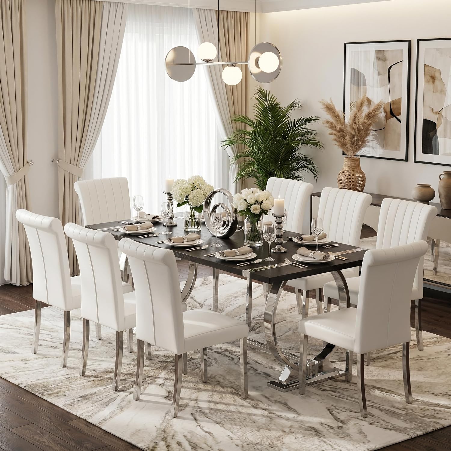 Asday 77" Modern Dining Table for 6-8, Black Wooden Dining Table with Silver Polished Stainless Steel U-Shaped Base, Rectangular Kitchen Table for Dining Room, Kitchen & Living Room