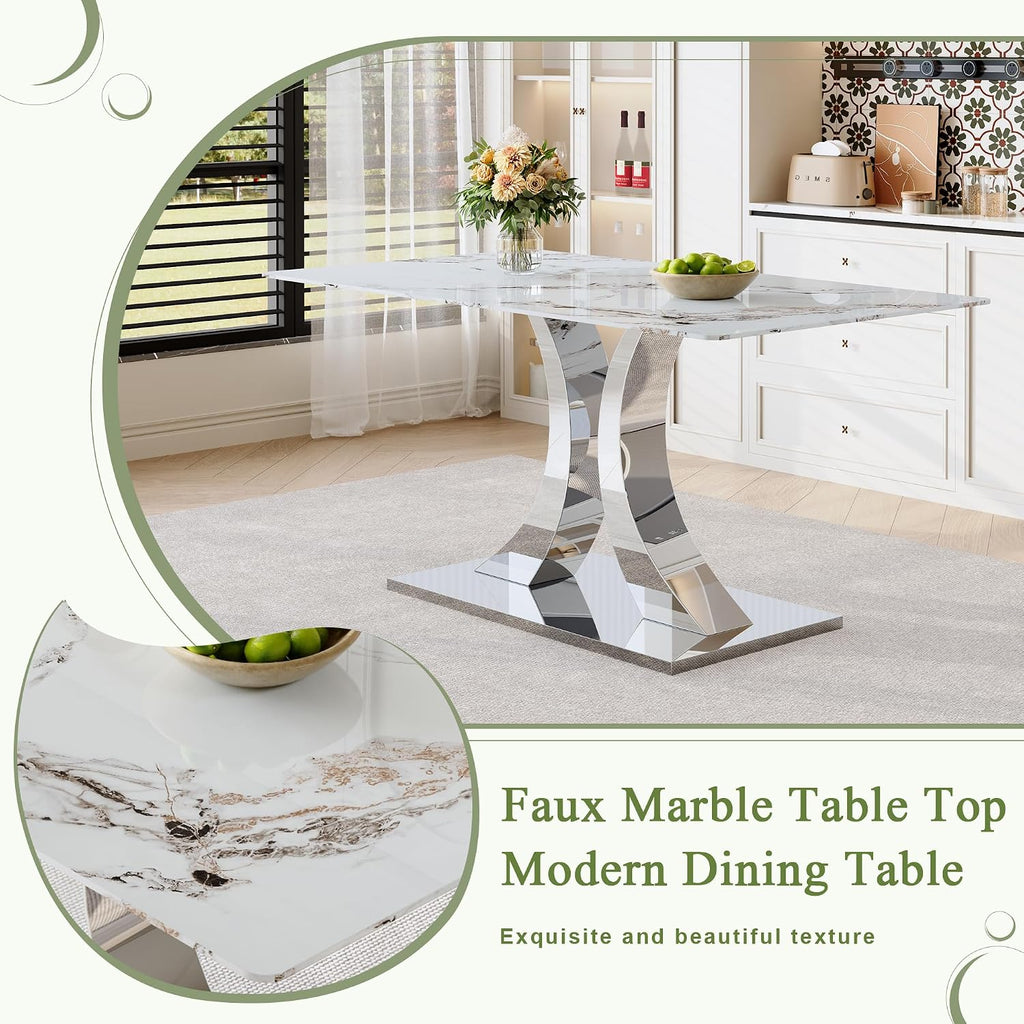 Knocbel 63" Glass Dining Table for 6-8, Kitchen Table with Faux Marble Tabletop and Stainless Steel C-Shaped Pedestal Base, Modern Rectangular Dinner for Apartment Home, Silver & Printed Glass