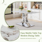 Knocbel 63" Glass Dining Table for 6-8, Kitchen Table with Faux Marble Tabletop and Stainless Steel C-Shaped Pedestal Base, Modern Rectangular Dinner for Apartment Home, Silver & Printed Glass
