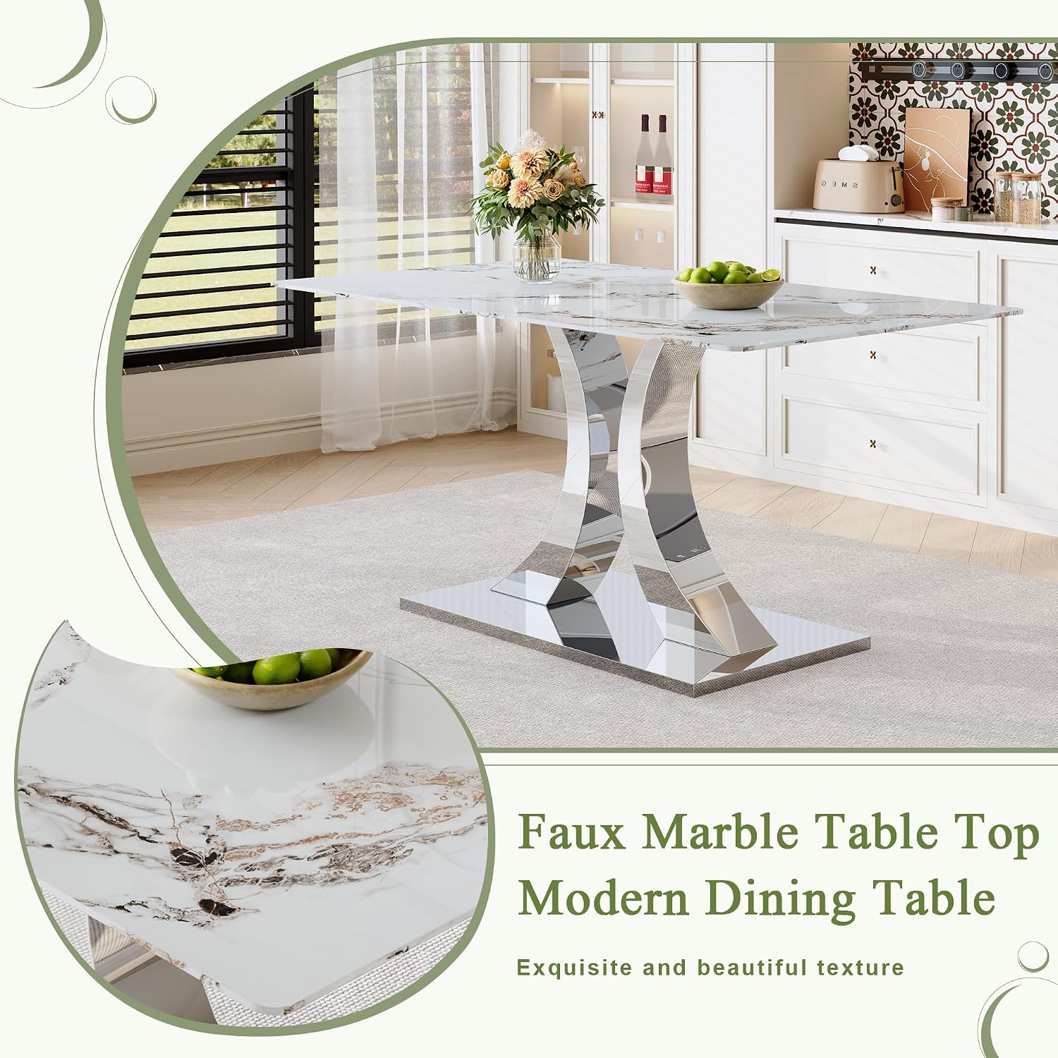 Knocbel 63" Glass Dining Table for 6-8, Kitchen Table with Faux Marble Tabletop and Stainless Steel C-Shaped Pedestal Base, Modern Rectangular Dinner for Apartment Home, Silver & Printed Glass