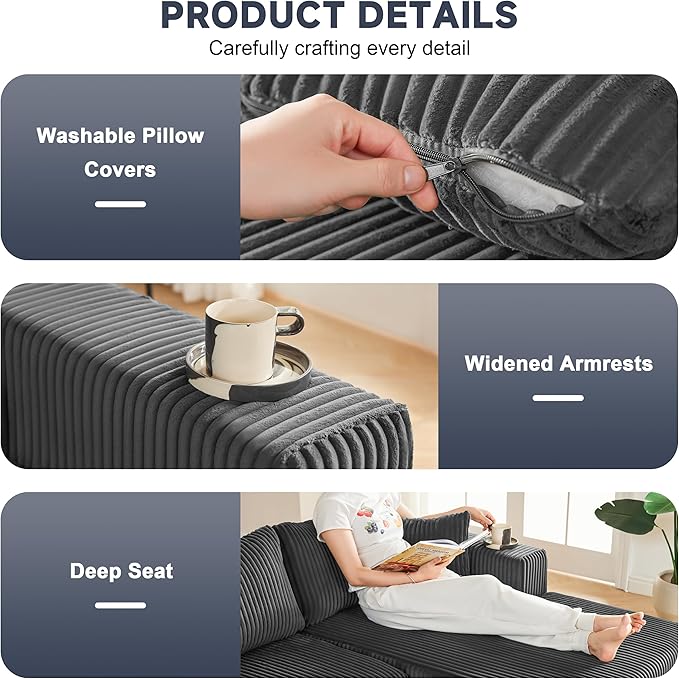 97" Modular Sectional Sofa, L-Shaped Boneless Couch with Deep Seat, Cozy Cloud Couch Sectional with Convertible Ottoman, Modern Sectional Couches for Living Room（ Grey）