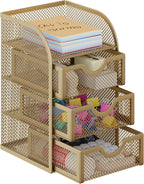 EasyPAG Mesh Desk Organizer with 3 Drawer Office Desktop Organizers and Accessories Stationery Caddy for Office, Home, Students, Gold