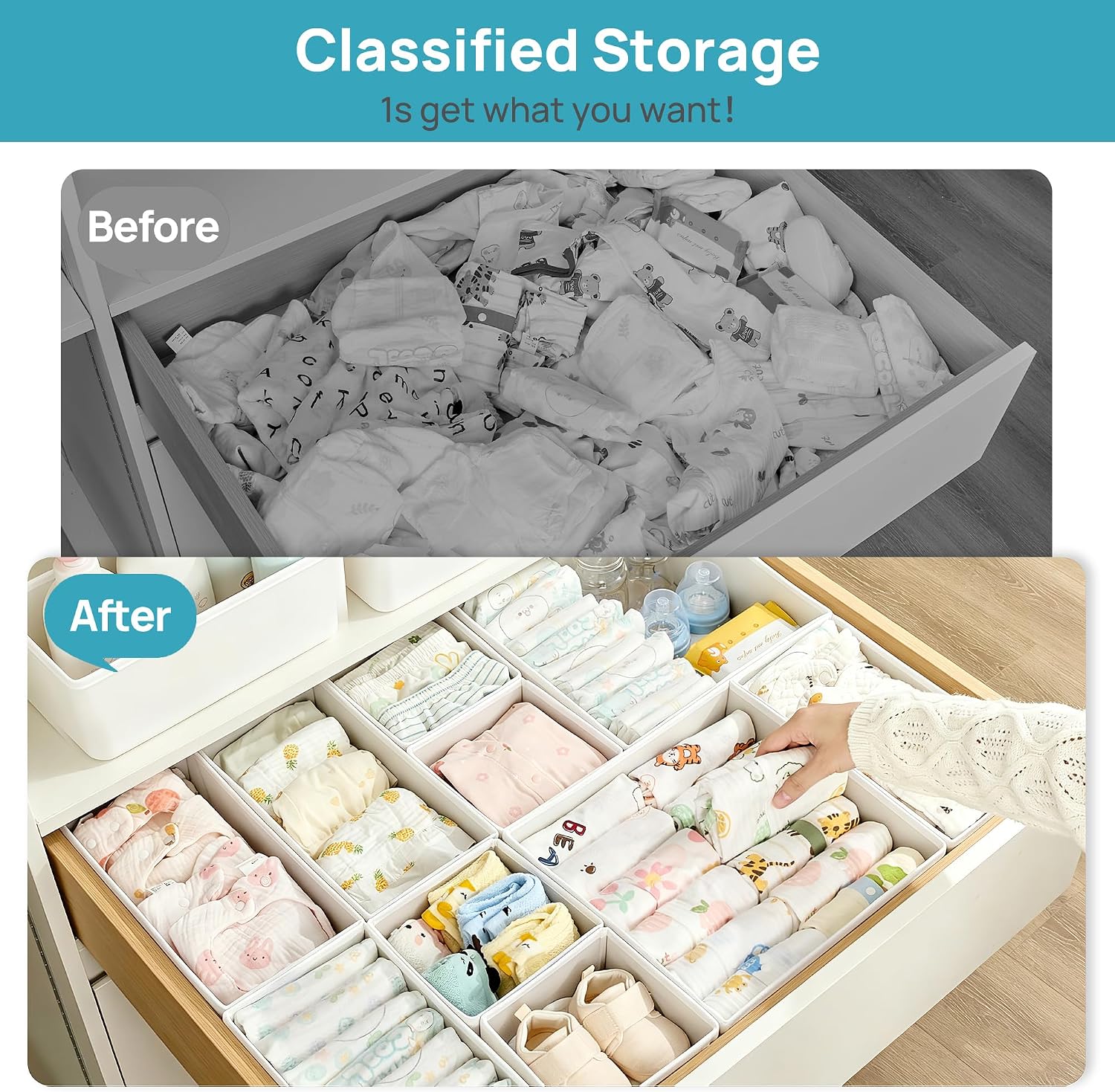 Vtopmart 18 Pack Baby Clothes Organizer, Dresser Drawer Organizer for Baby Clothing, Foldable Fabric Closet Drawer Storage Bins, Dresser Dividers for Bra, Socks, Ties, Scarf, White