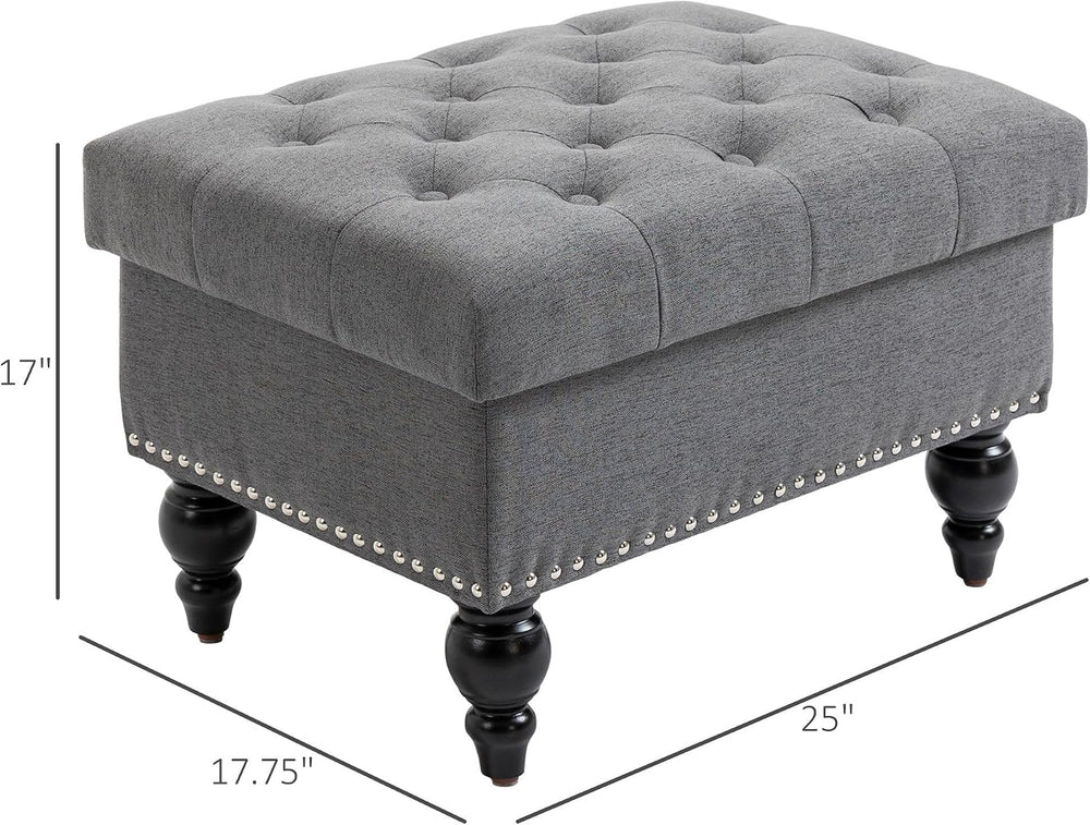 Gray Storage Ottoman with Removable Lid and Tufted Button Top
