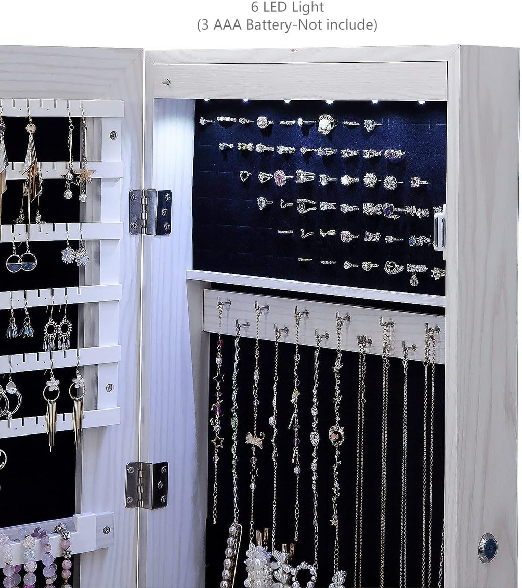 47" H Jewelry Armoire Full Length Mirror Cabinet Storage Organizer w/LED Light Wall-Mounted/Door-Hanging Lockable for Bedroom Makeups White