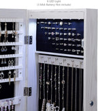 47" H Jewelry Armoire Full Length Mirror Cabinet Storage Organizer w/LED Light Wall-Mounted/Door-Hanging Lockable for Bedroom Makeups White