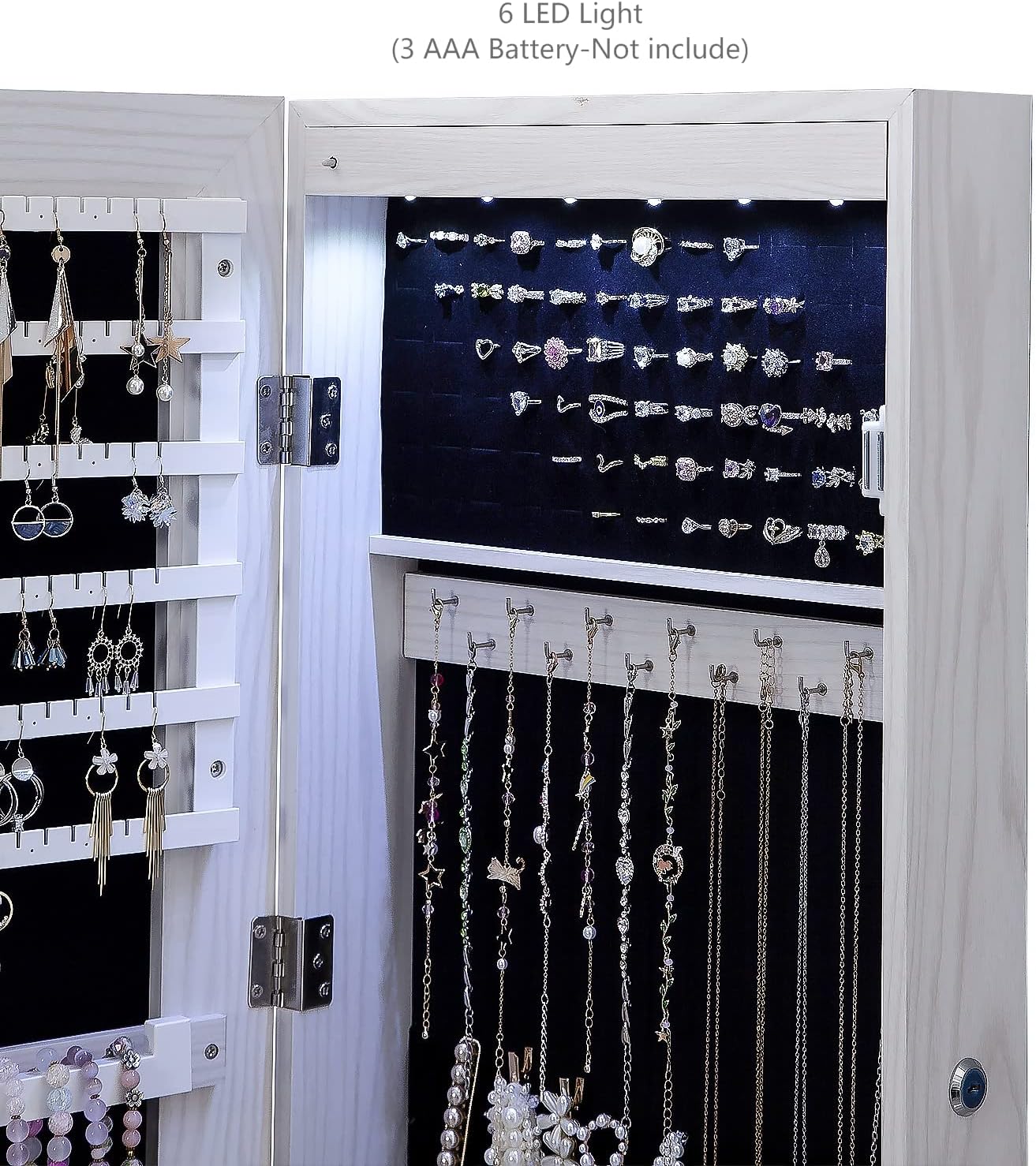 47" H Jewelry Armoire Full Length Mirror Cabinet Storage Organizer w/LED Light Wall-Mounted/Door-Hanging Lockable for Bedroom Makeups White