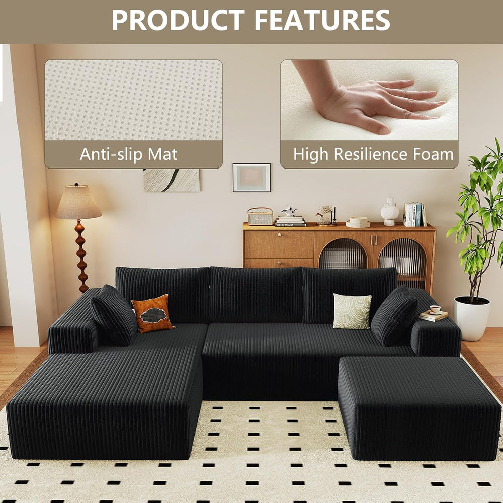 96" Cloud Sectional Couch with U-Shaped Chaise, Corduroy Sectional Sofa ...