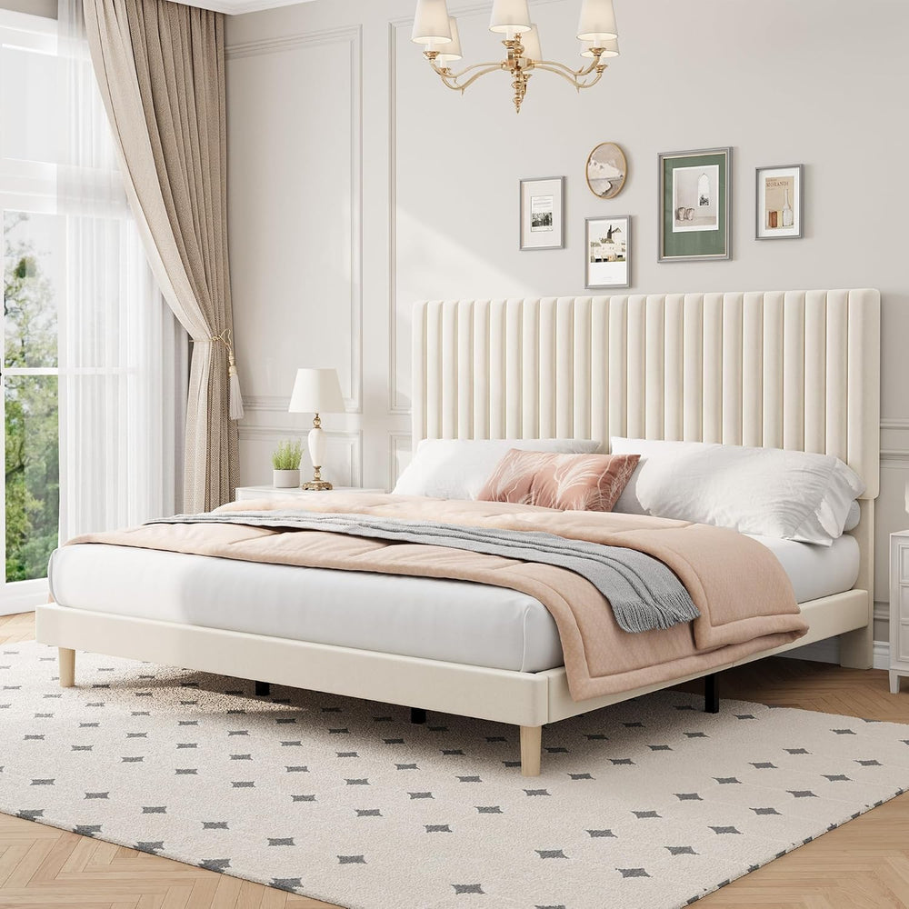 GAOMON King Size Bed Frame, Velvet Upholstered Platform Bed, Beige
