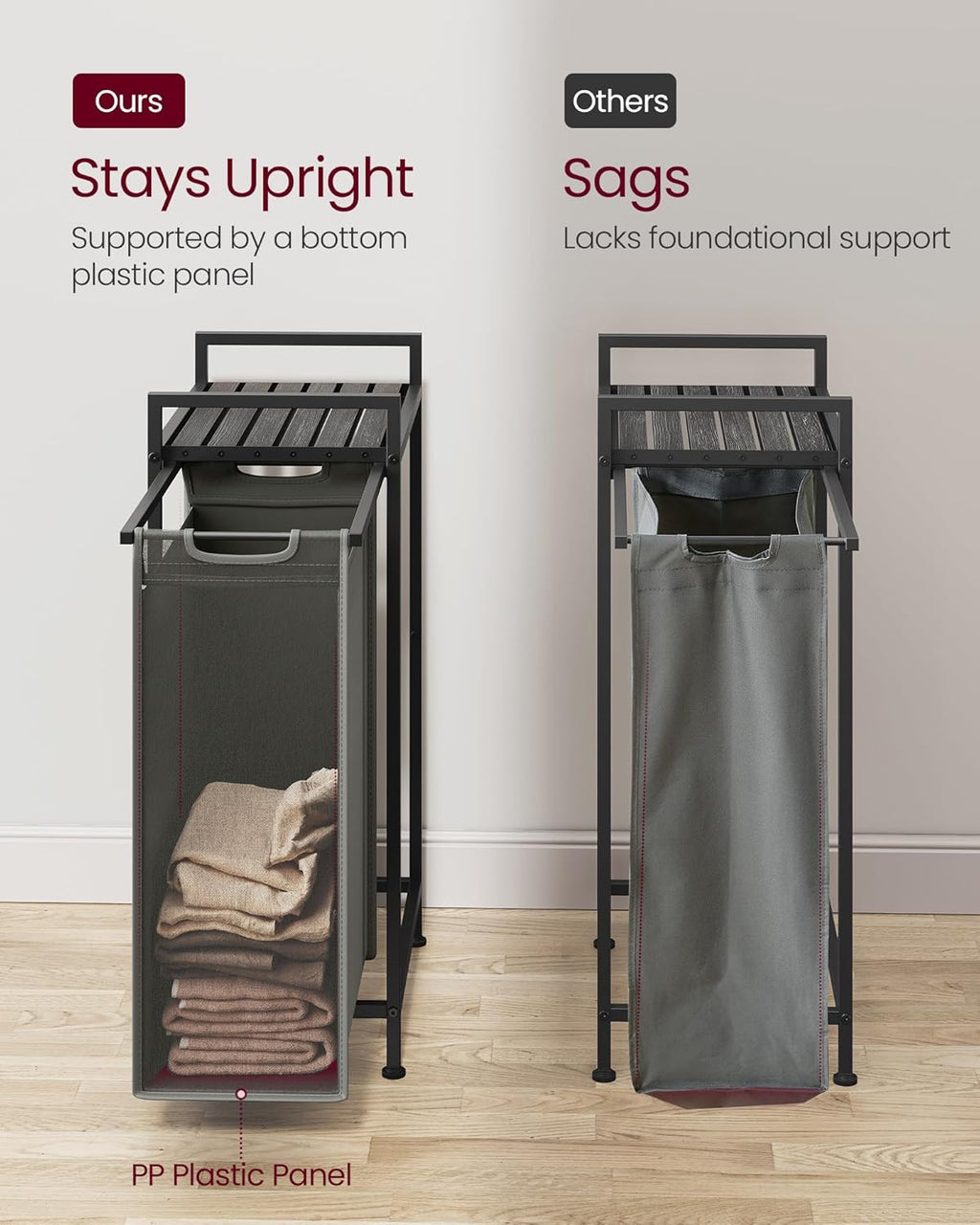 VASAGLE Laundry Hamper, Laundry Basket, Laundry Sorter with a Pull-Out and Removable Bag, Shelf, Metal Frame, 12.4 Gallons (47 L), 16.5 x 11 x 29.5 Inches, Slate Gray and Charcoal Gray UBLH001G01