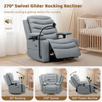Olela Nursery Glider Recliner Chair - Electric Swivel Rocker with Heated Lumbar, Smart Cup Holder, USB Charging Ports, Blue Grey PU Leather