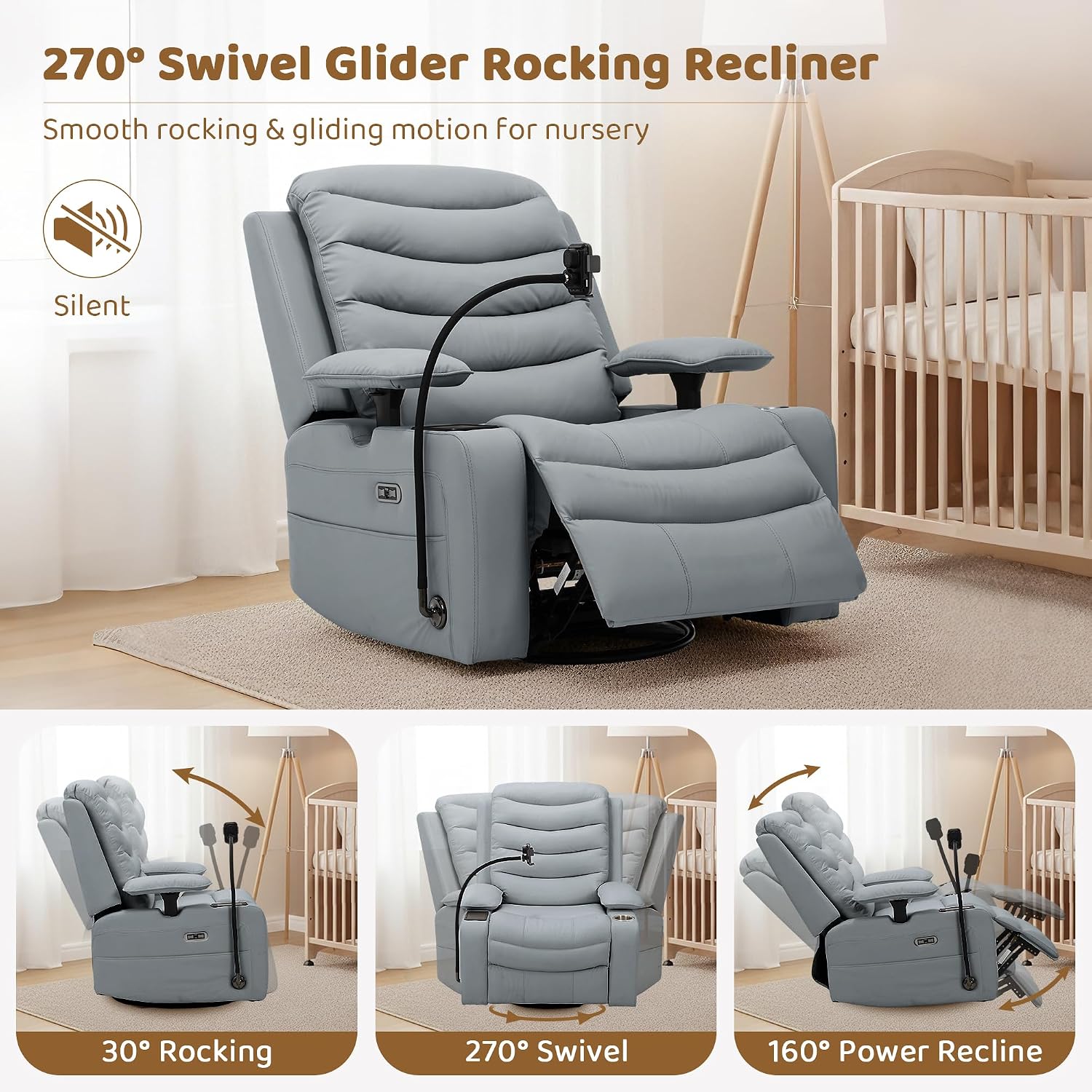 Olela Nursery Glider Recliner Chair - Electric Swivel Rocker with Heated Lumbar, Smart Cup Holder, USB Charging Ports, Blue Grey PU Leather