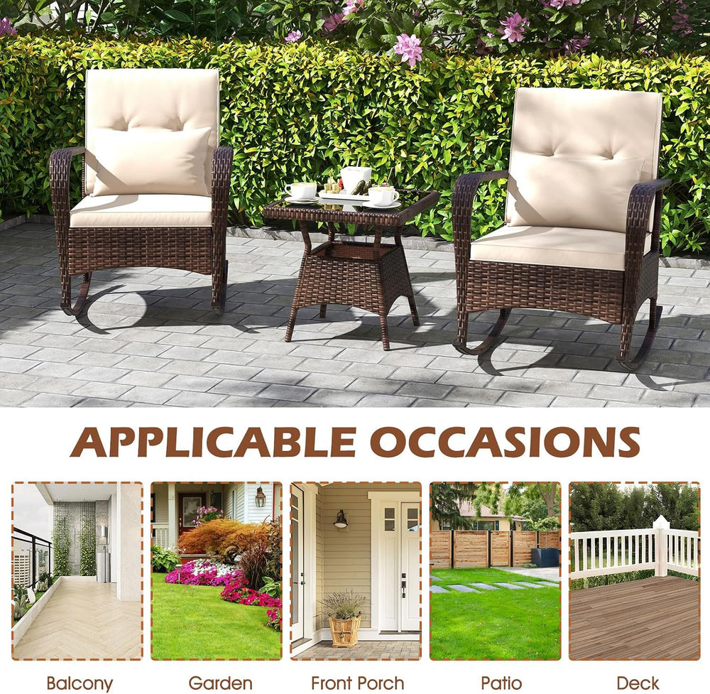 ORALNER 3 Pieces Outdoor Wicker Rocking Chair, Patio Furniture Set (Beige)