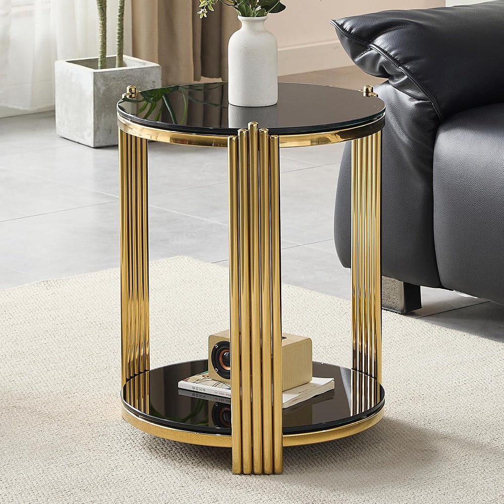 Henf Round Glass End Table Modern Luxury Accent Sofa Side Table, 2-Tier Black...