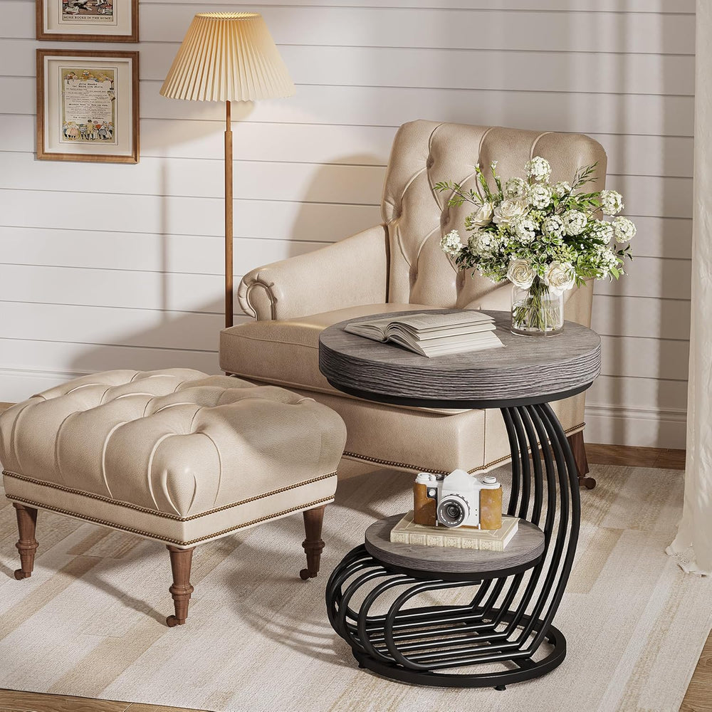 Tribesigns Round End Table, 2-Tier Farmhose Wood Side Table with Shelf Storag...