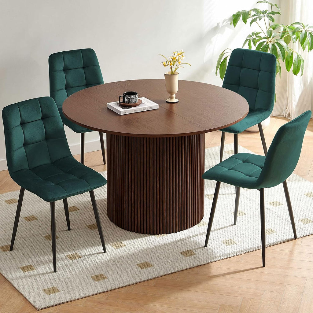 Homedot 5 Pieces Dining Table Set for 4, Rustic Round Dining Table Fluted with Velvet Dining Chairs Upholstered, Walnut Kitchen Table & Green Chairs Set for Living Room, Dining Hall