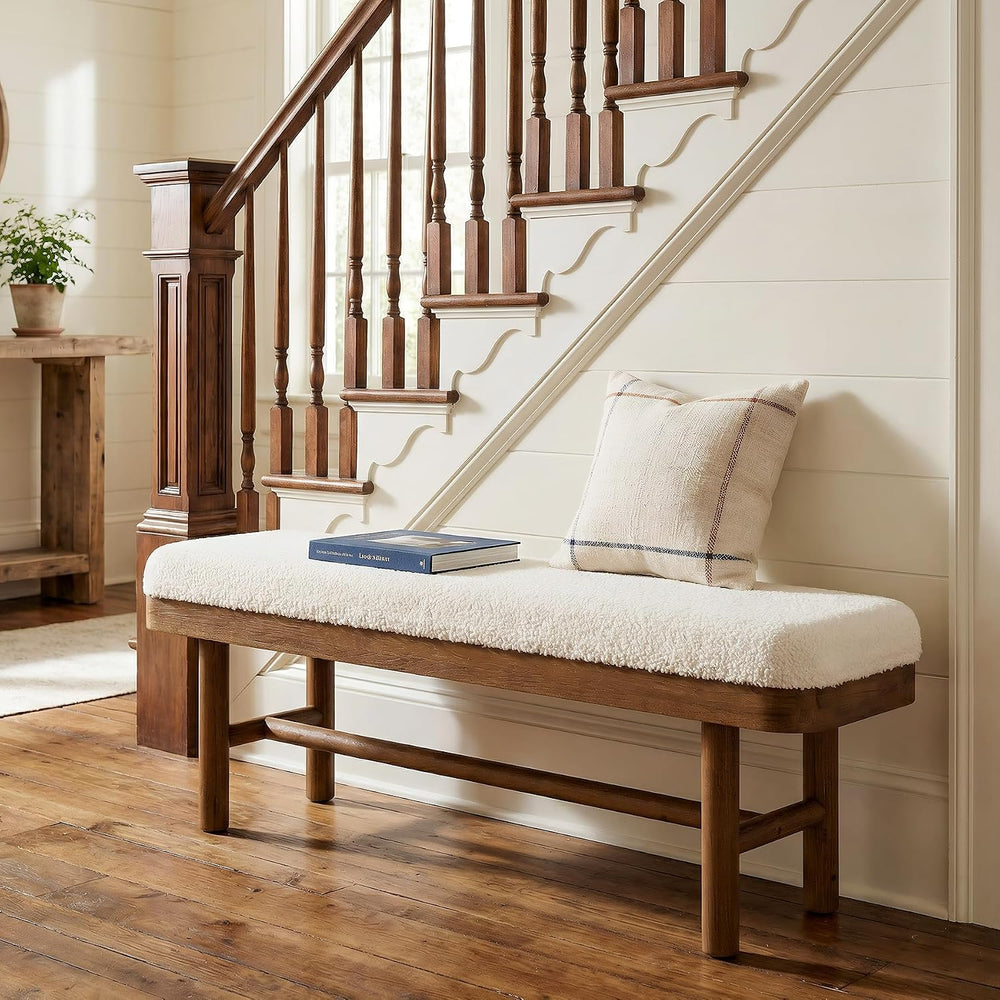 55-Inch Solid Wood Entryway Bench, Rustic Upholstered Bench, Modern Dining Be...