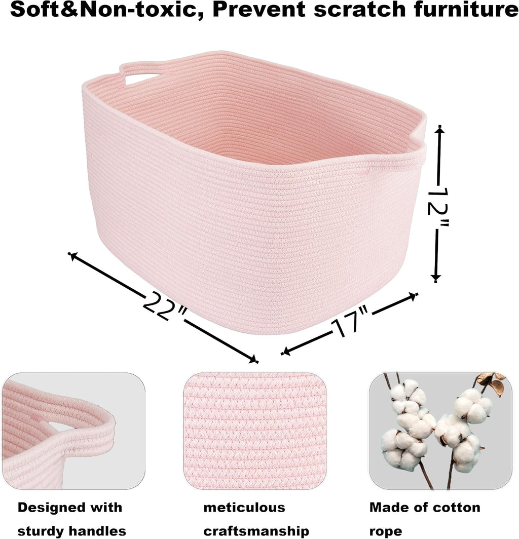 XUANGUO Large Rectangle Woven Cotton Rope Blanket Basket 22"x17"x12" Pink | Storage basket for nursery and living room; toy basket for kids, laundry basket for clothes and towels, or gift basket.